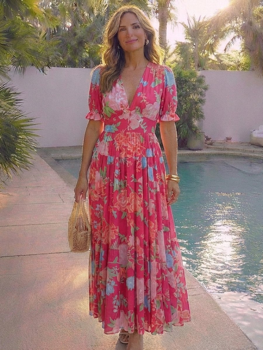 Women's Everyday Day Dress Flutter Sleeve V-Neck Floral Midi