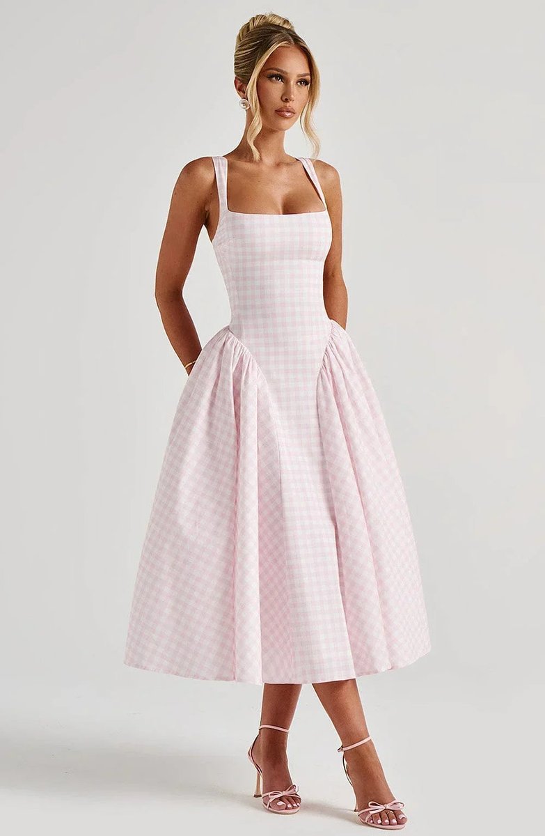 Women's Everyday Day Dress Gingham Flared Midi Square-Neck