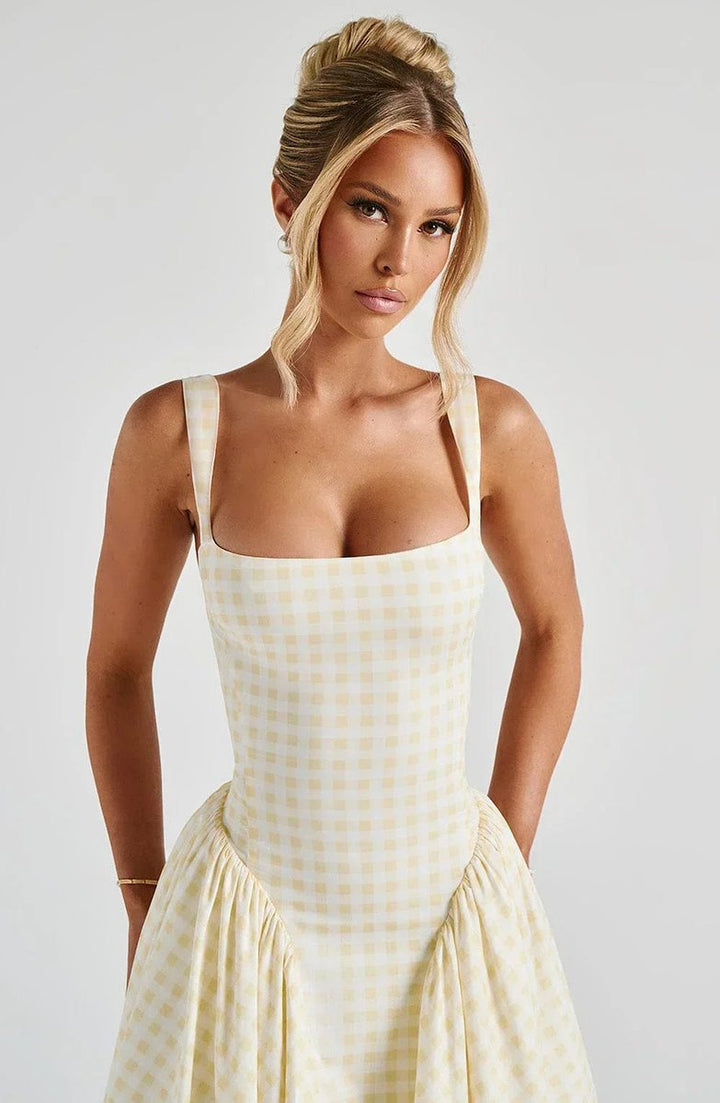 Women's Everyday Day Dress Gingham Flared Midi Square-Neck