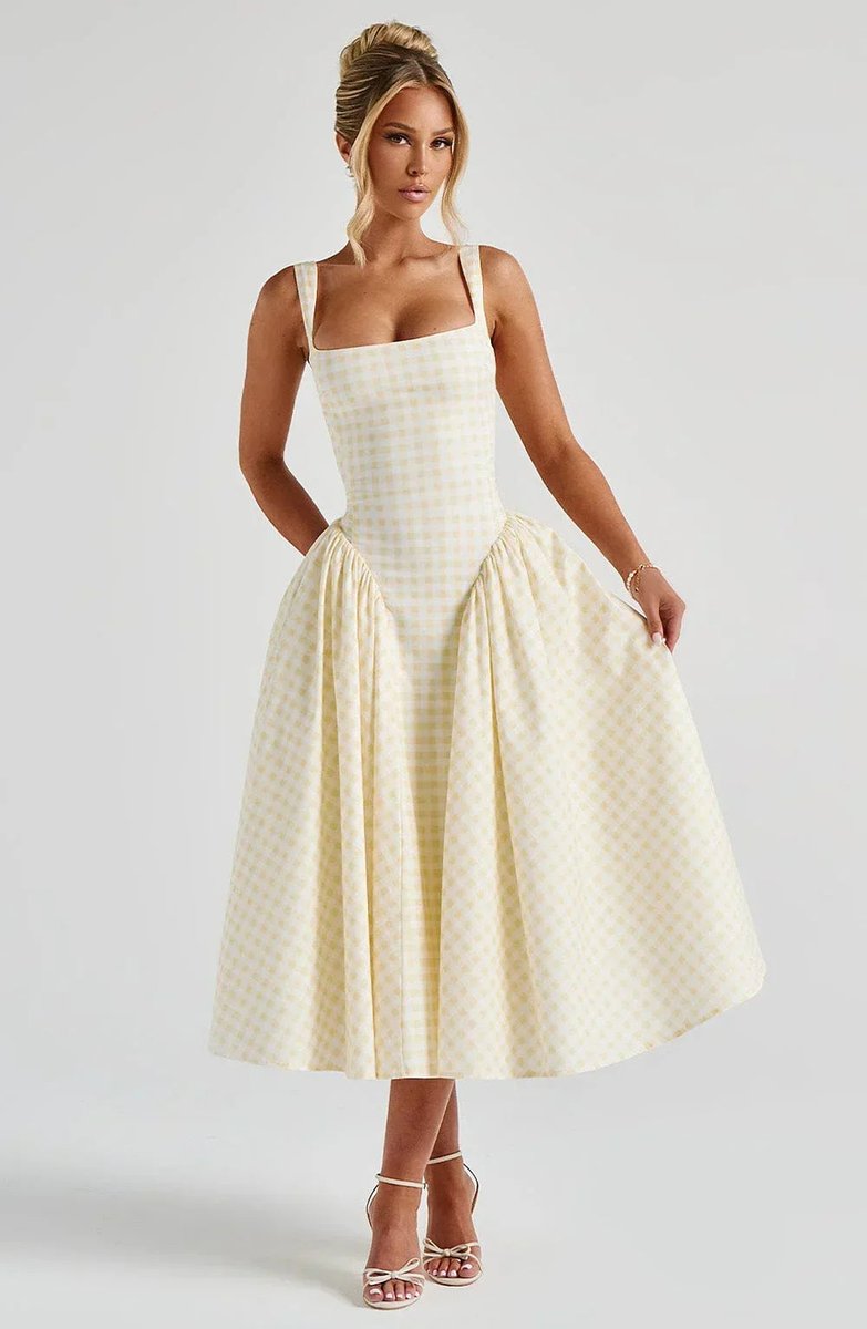 Women's Everyday Day Dress Gingham Flared Midi Square-Neck