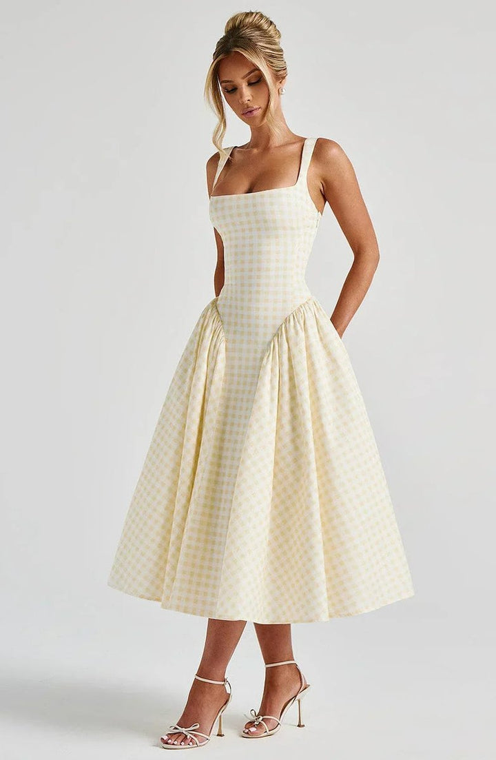 Women's Everyday Day Dress Gingham Flared Midi Square-Neck