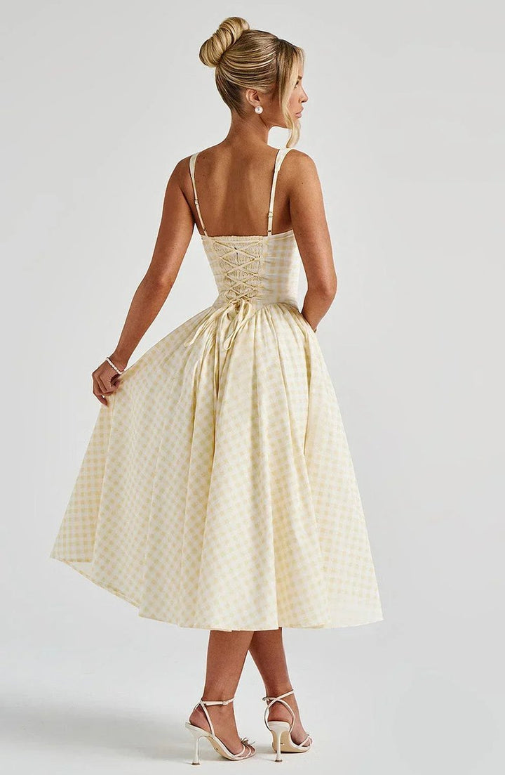 Women's Everyday Day Dress Gingham Flared Midi Square-Neck