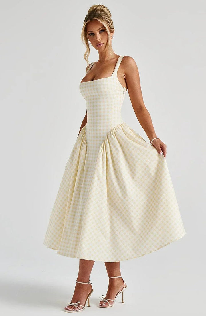 Women's Everyday Day Dress Gingham Flared Midi Square-Neck