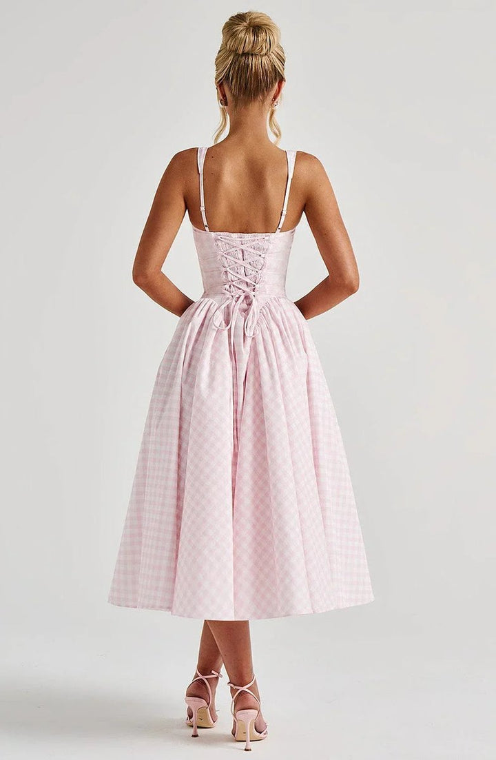 Women's Everyday Day Dress Gingham Flared Midi Square-Neck