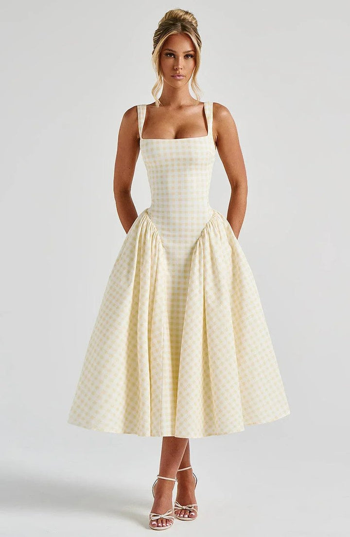 Women's Everyday Day Dress Gingham Flared Midi Square-Neck