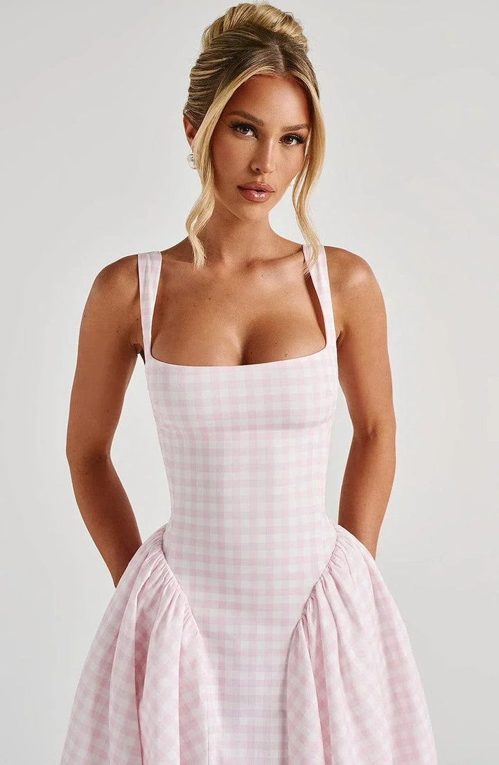 Women's Everyday Day Dress Gingham Flared Midi Square-Neck