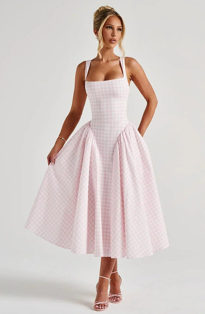 Women's Everyday Day Dress Gingham Flared Midi Square-Neck