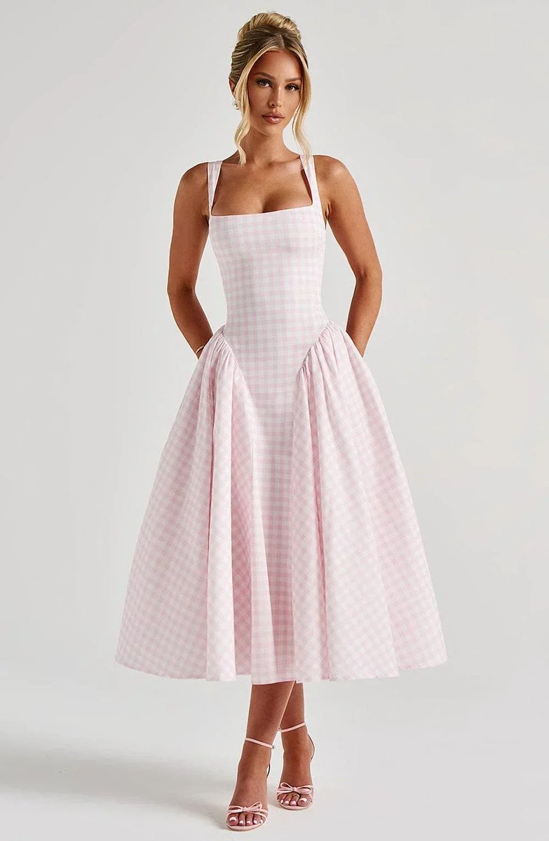 Women's Everyday Day Dress Gingham Flared Midi Square-Neck