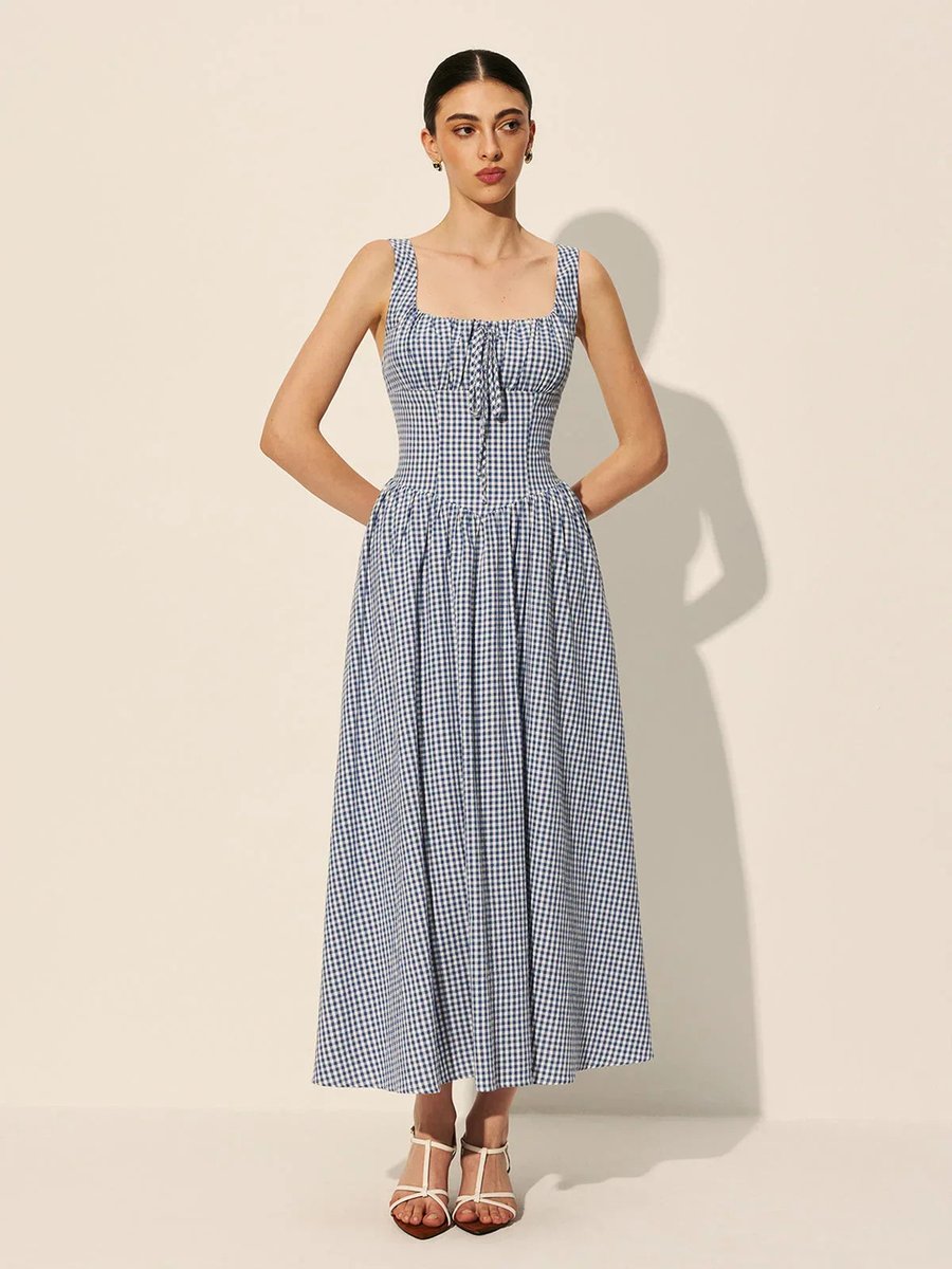 Women's Everyday Day Dress Gingham Sleeveless Square-Neck Midi