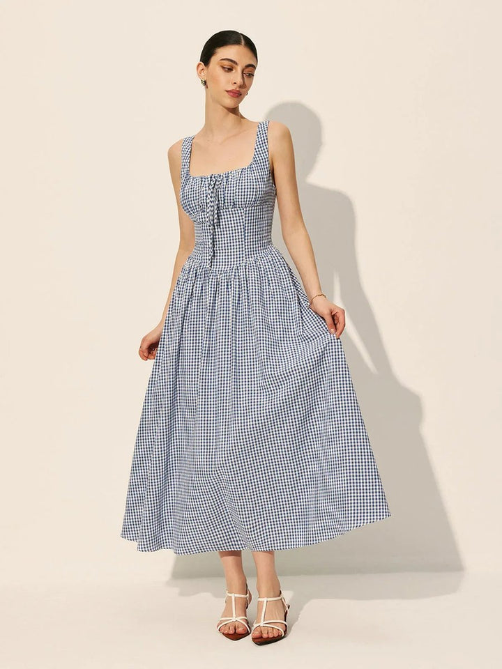 Women's Everyday Day Dress Gingham Sleeveless Square-Neck Midi