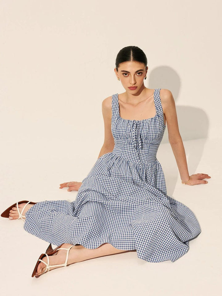 Women's Everyday Day Dress Gingham Sleeveless Square-Neck Midi