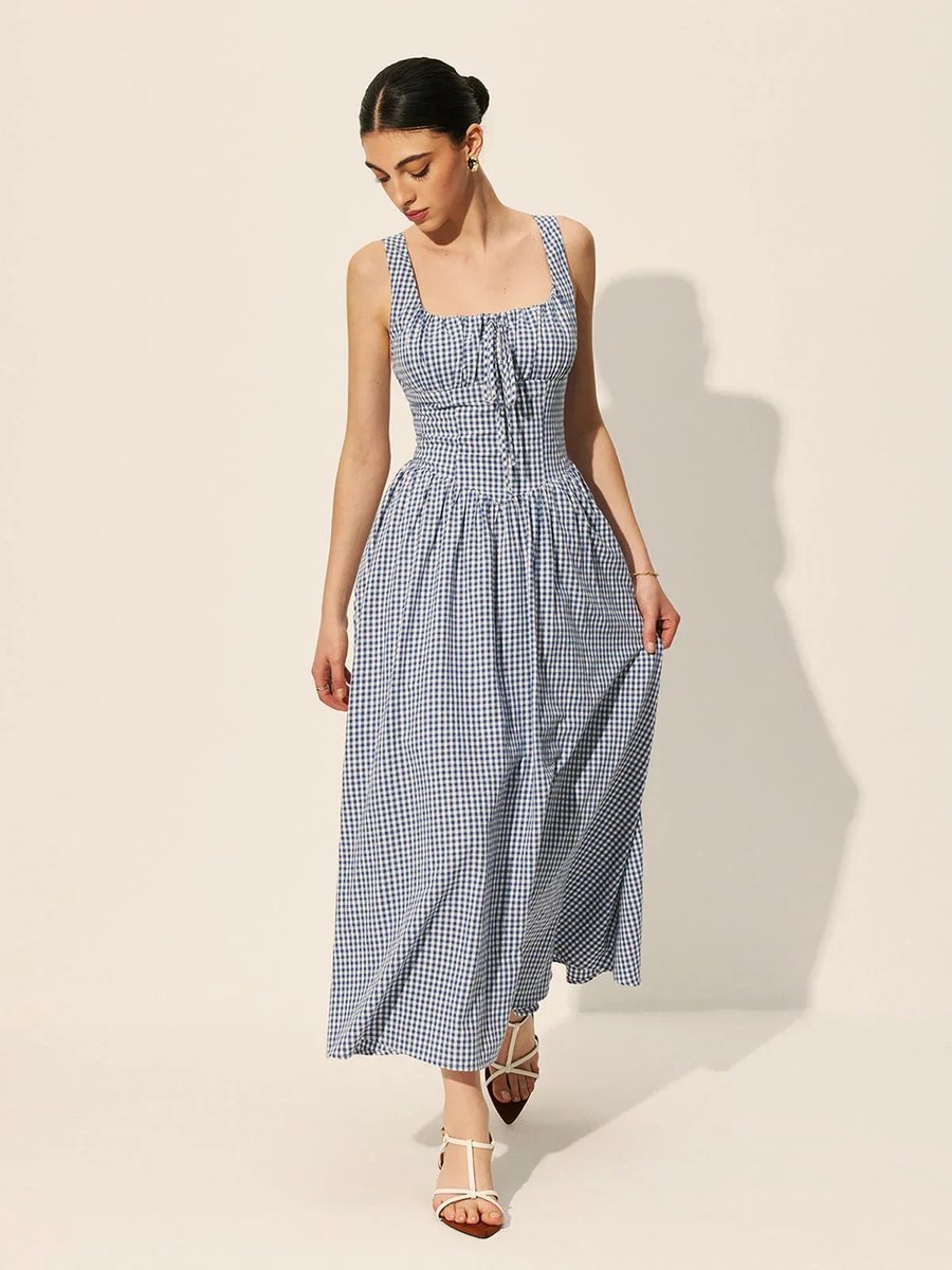 Women's Everyday Day Dress Gingham Sleeveless Square-Neck Midi
