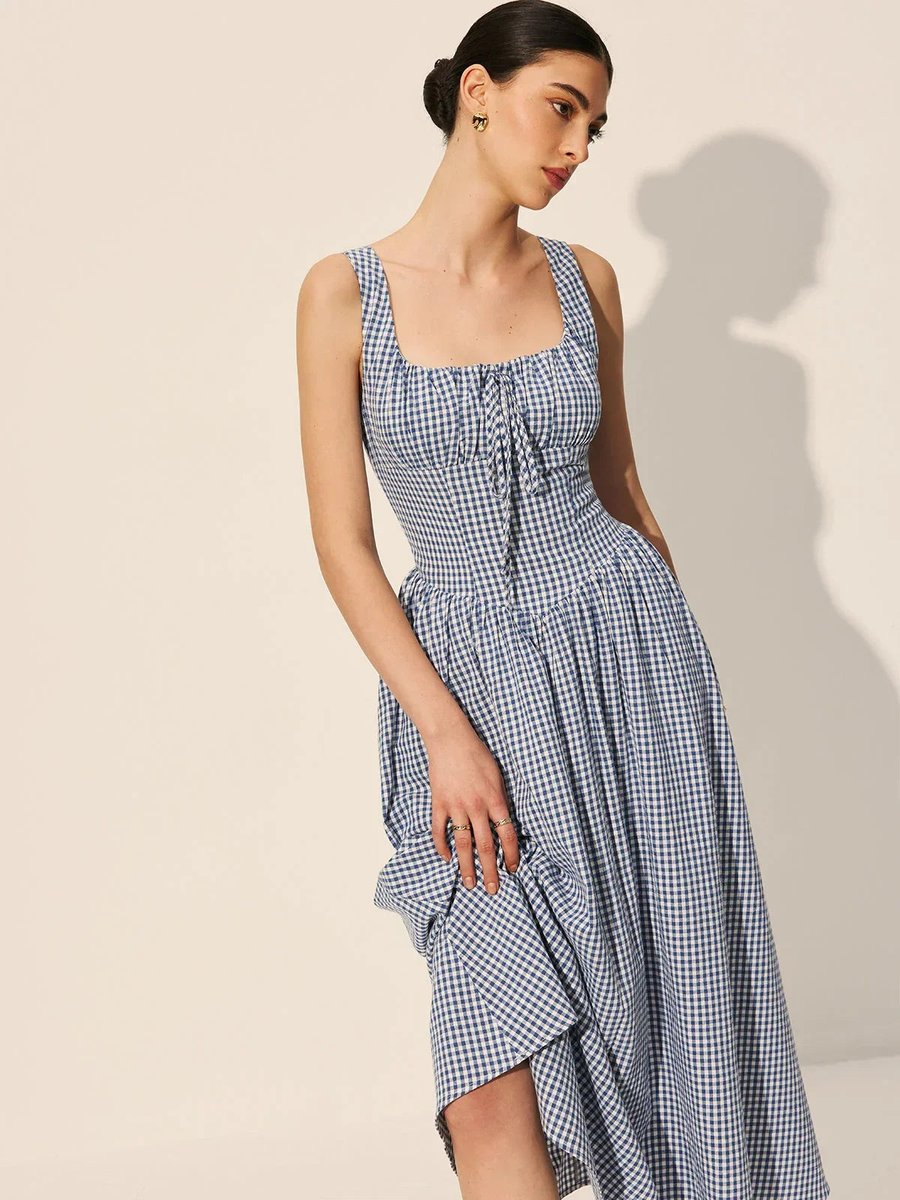 Women's Everyday Day Dress Gingham Sleeveless Square-Neck Midi