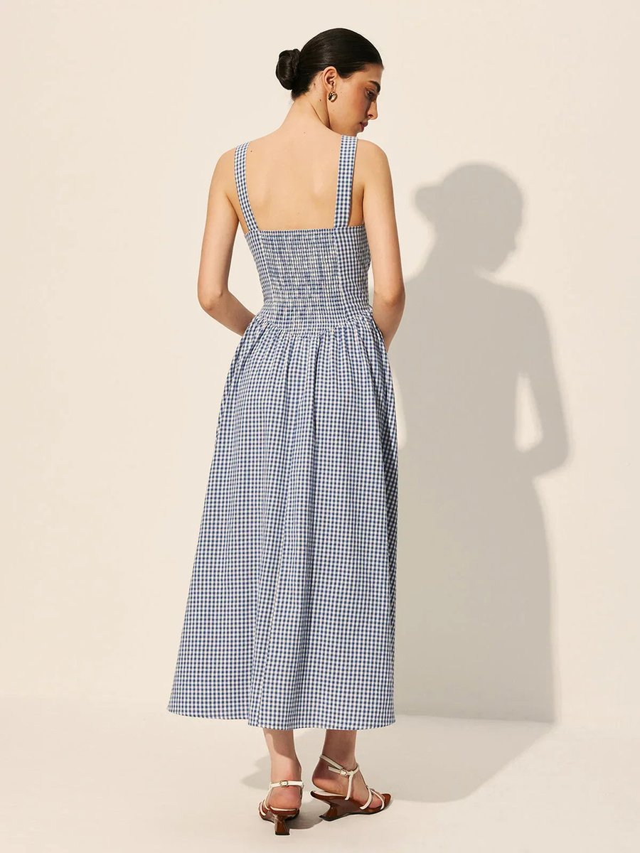 Women's Everyday Day Dress Gingham Sleeveless Square-Neck Midi