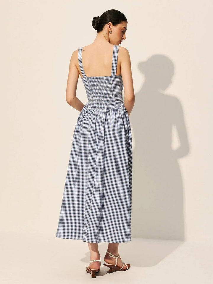 Women's Everyday Day Dress Gingham Sleeveless Square-Neck Midi