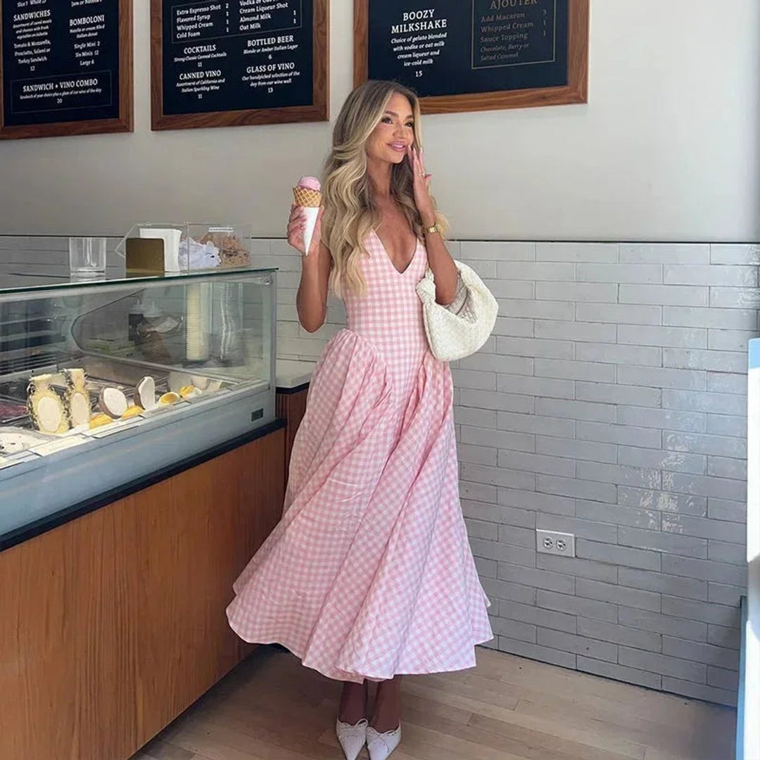Women's Everyday Day Dress Gingham V-Neck Midi Swing Dress