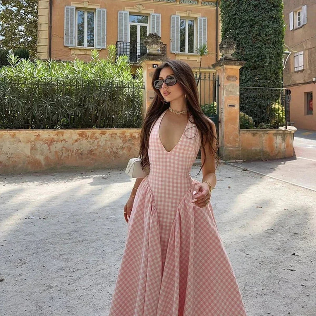 Women's Everyday Day Dress Gingham V-Neck Midi Swing Dress