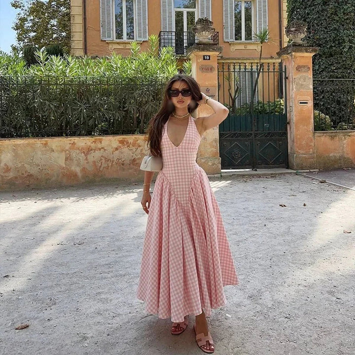 Women's Everyday Day Dress Gingham V-Neck Midi Swing Dress