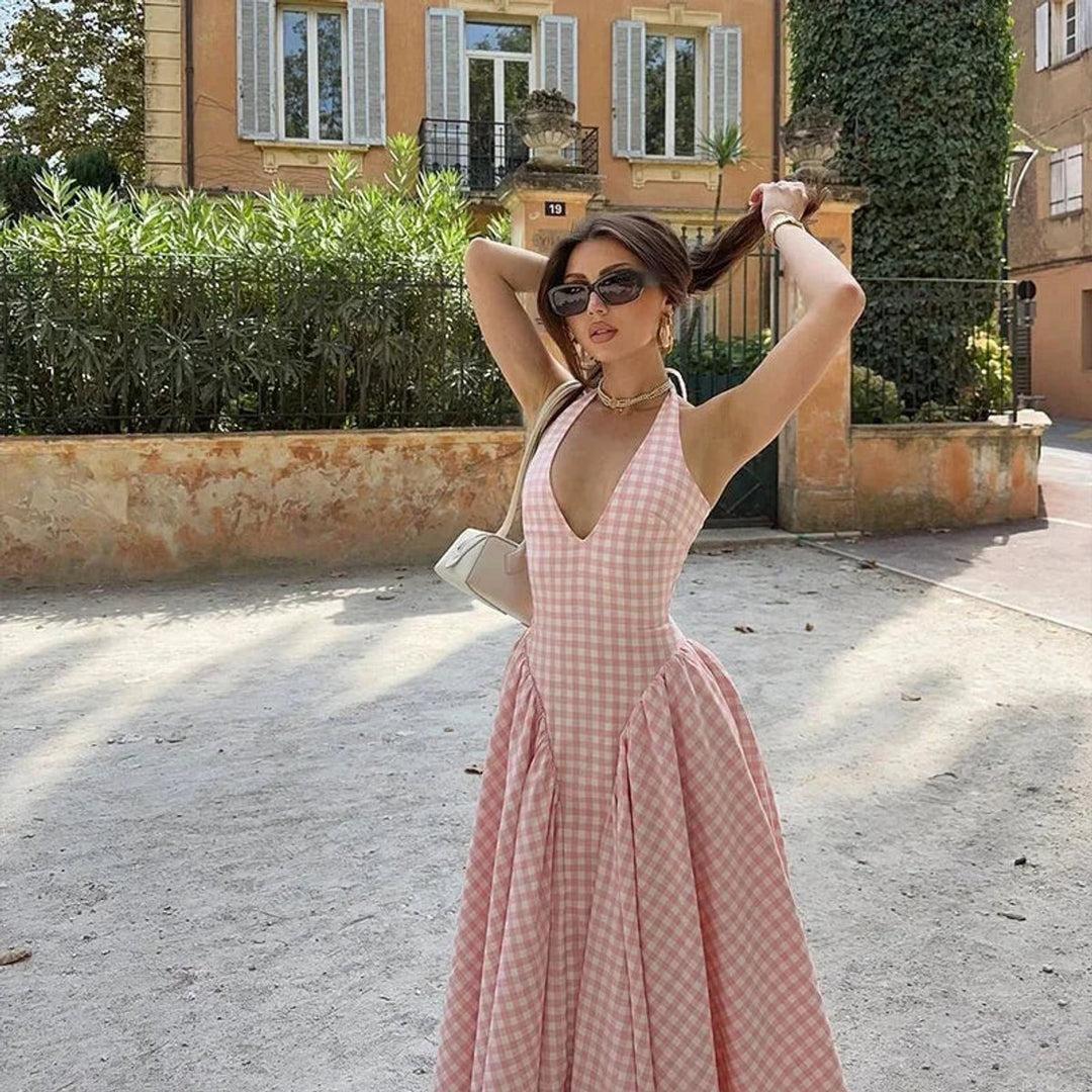 Women's Everyday Day Dress Gingham V-Neck Midi Swing Dress