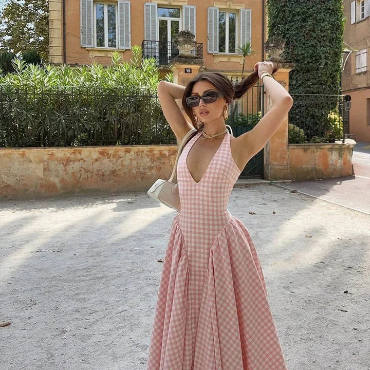 Women's Everyday Day Dress Gingham V-Neck Midi Swing Dress