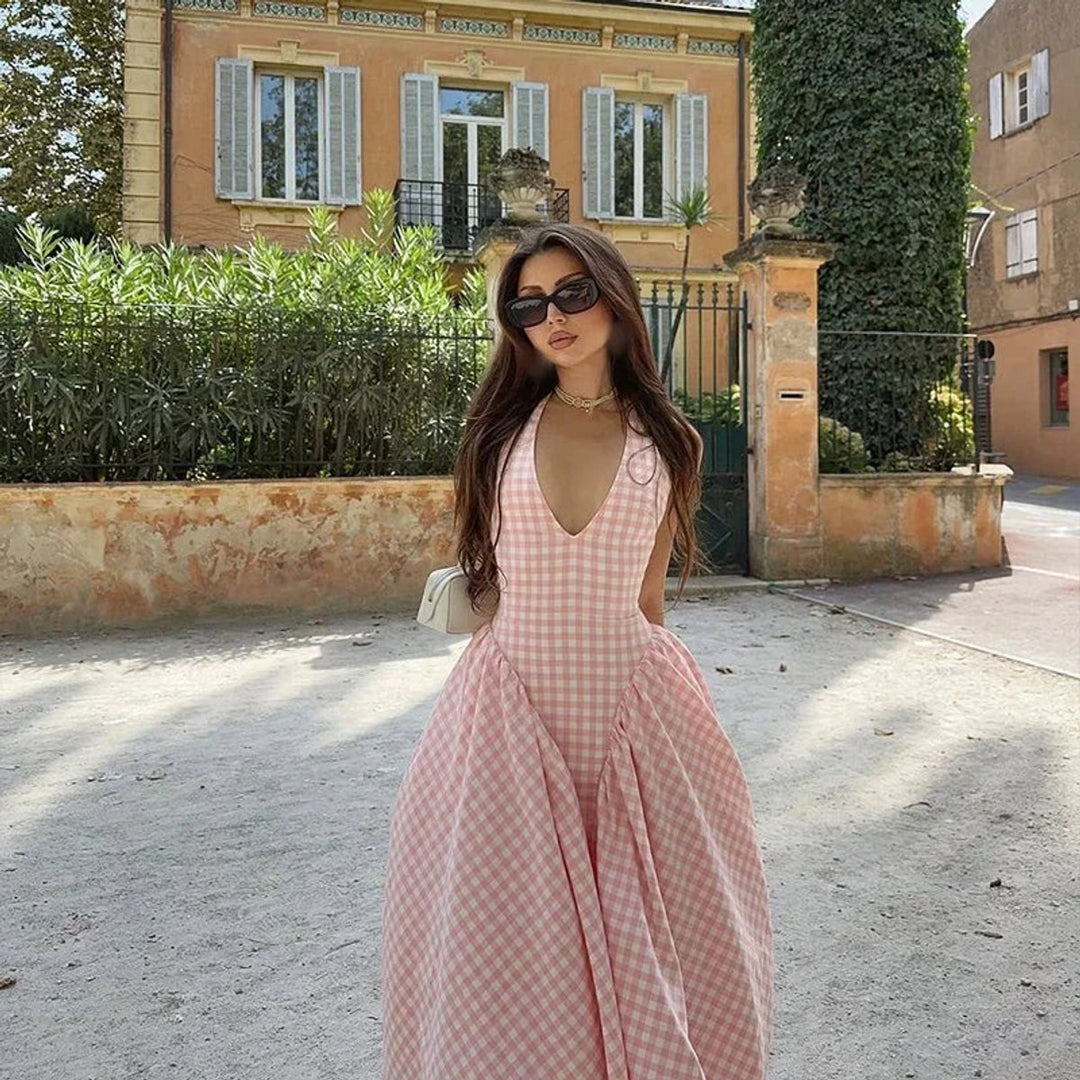 Women's Everyday Day Dress Gingham V-Neck Midi Swing Dress