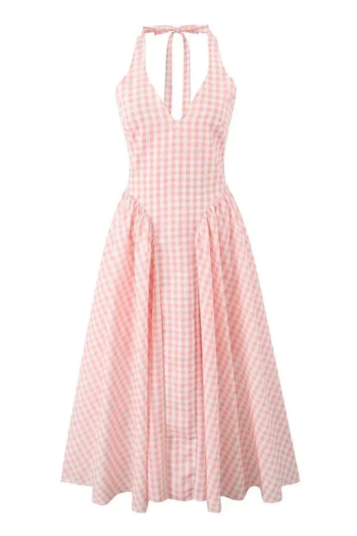 Women's Everyday Day Dress Gingham V-Neck Midi Swing Dress