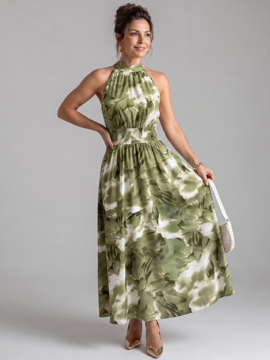 Women's Everyday Day Dress Halter Neck Abstract Print Gathered Waist Midi