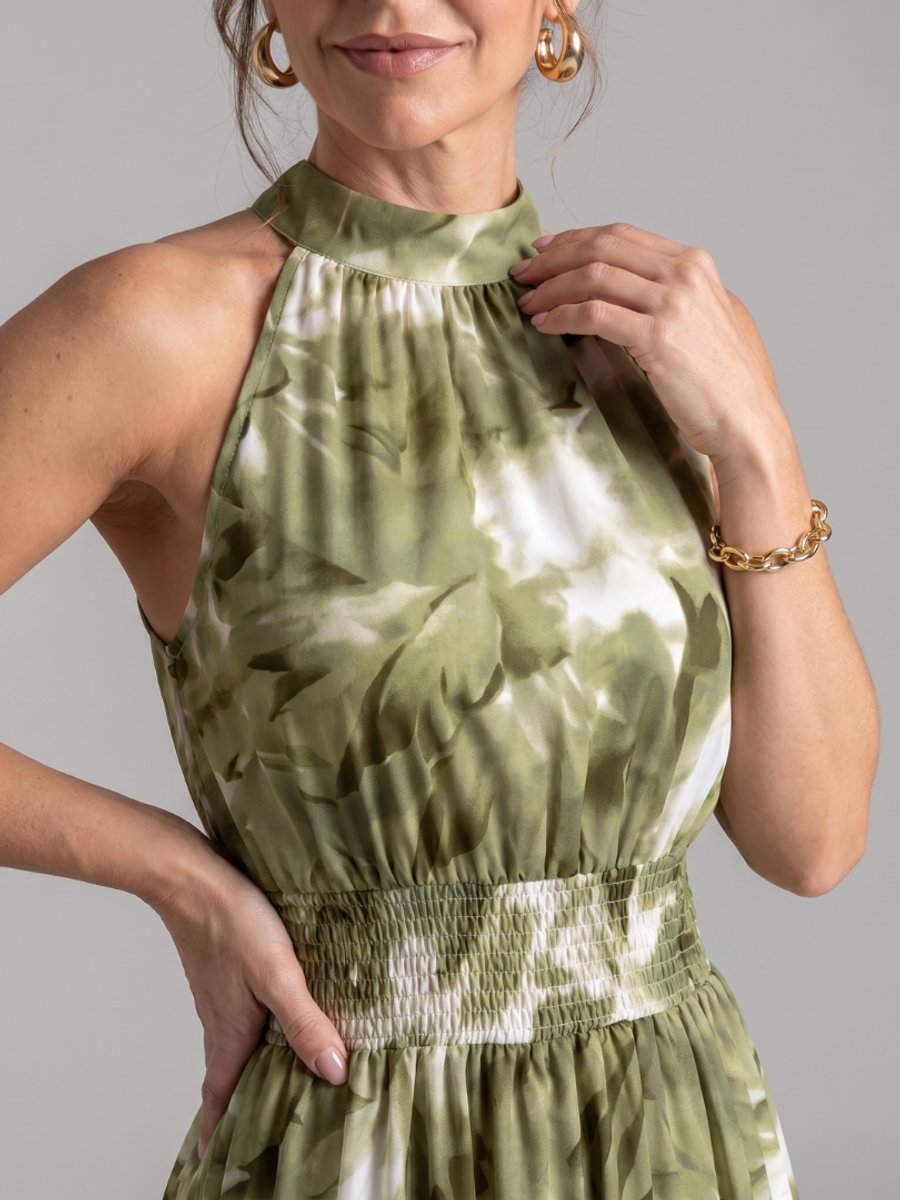 Women's Everyday Day Dress Halter Neck Abstract Print Gathered Waist Midi