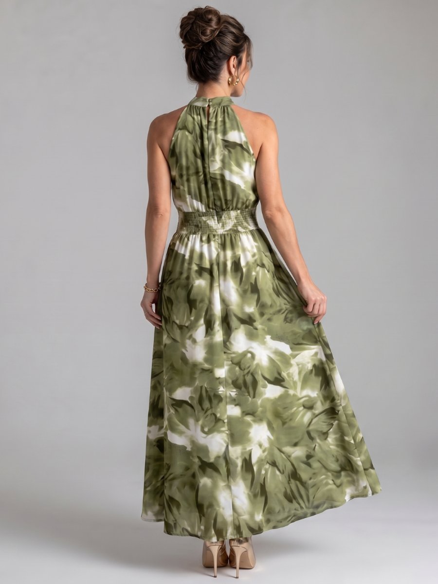 Women's Everyday Day Dress Halter Neck Abstract Print Gathered Waist Midi