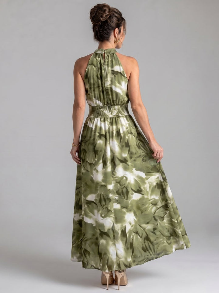 Women's Everyday Day Dress Halter Neck Abstract Print Gathered Waist Midi