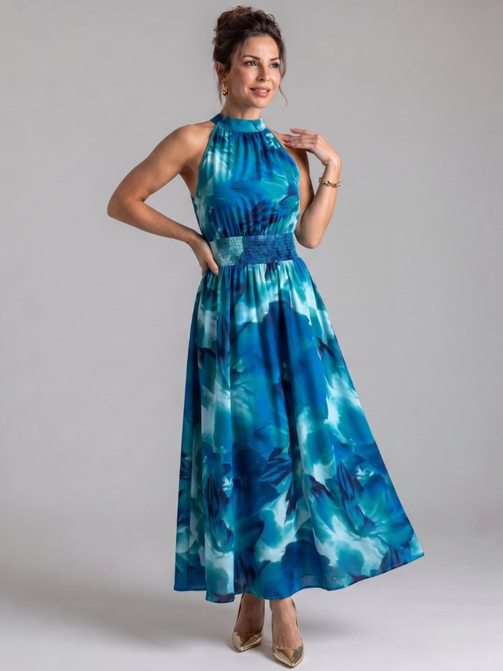 Women's Everyday Day Dress Halter Neck Abstract Print Gathered Waist Midi