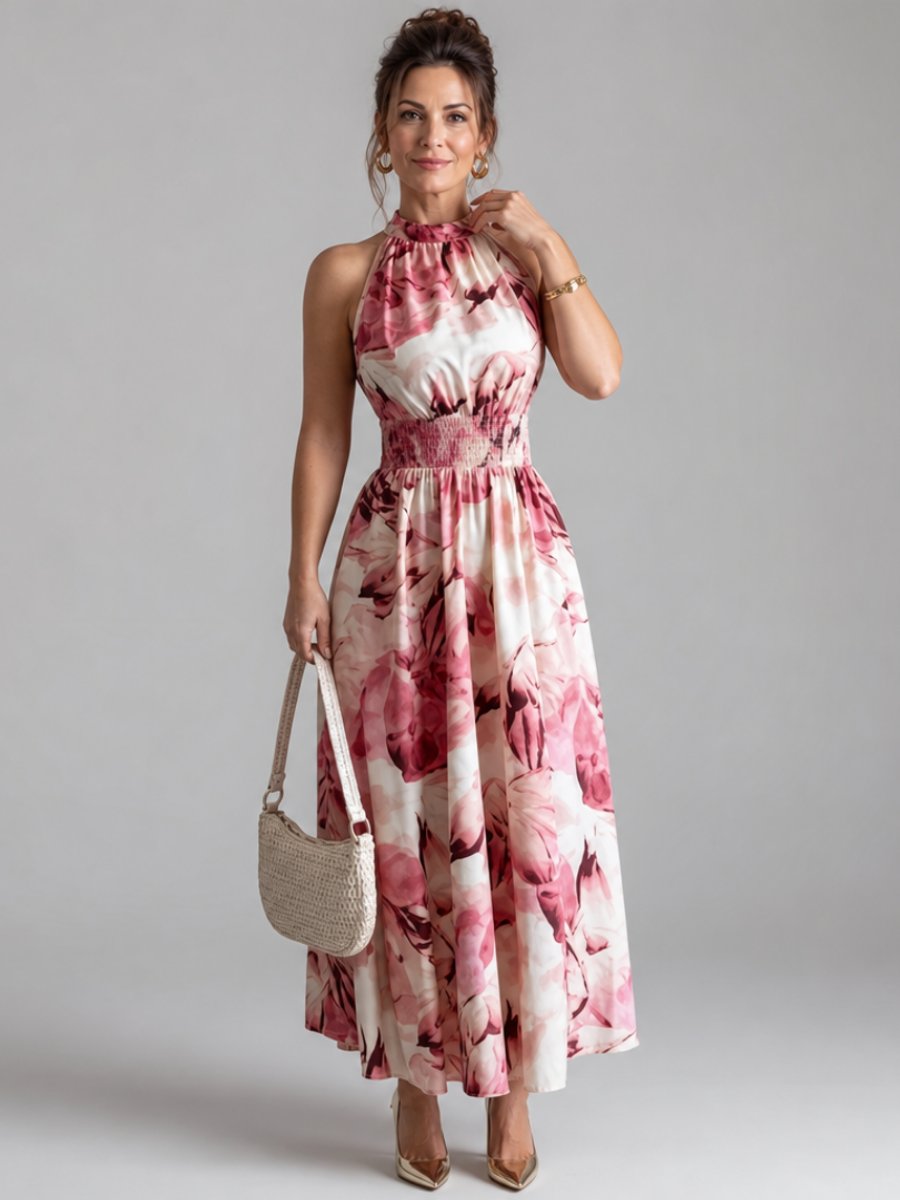 Women's Everyday Day Dress Halter Neck Abstract Print Gathered Waist Midi