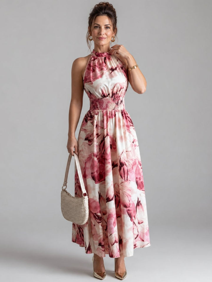 Women's Everyday Day Dress Halter Neck Abstract Print Gathered Waist Midi
