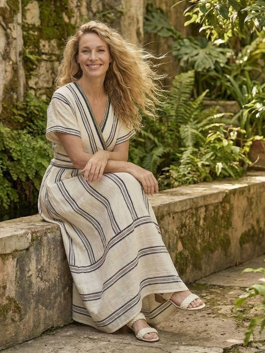 Women's Everyday Day Dress Linen V-Neck Wrap Midi Dress
