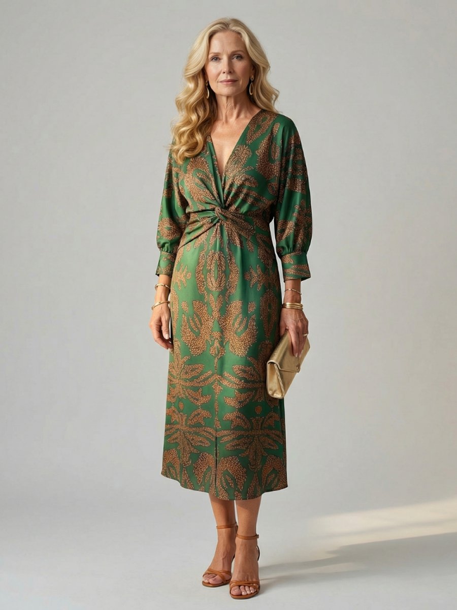 Women's Everyday Day Dress Long Sleeve Twist-Front Midi