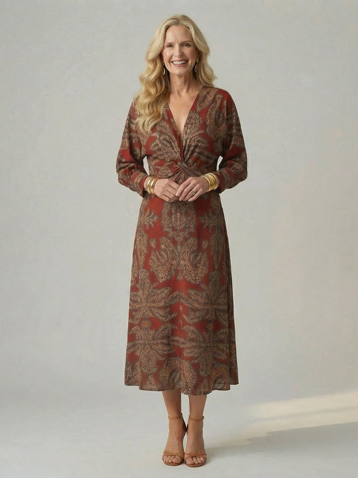 Women's Everyday Day Dress Long Sleeve Twist-Front Midi
