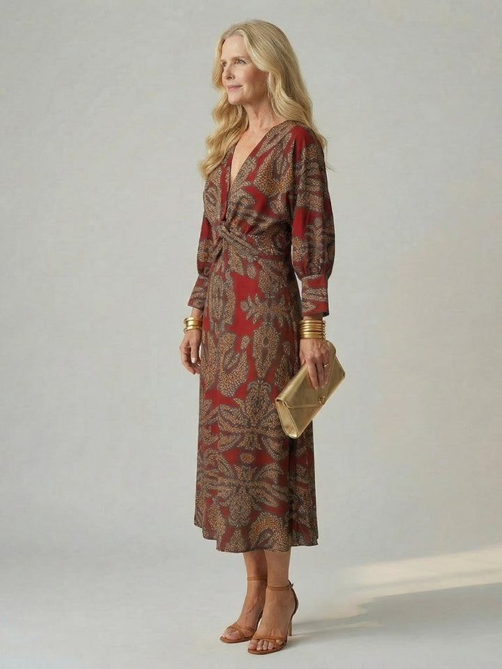 Women's Everyday Day Dress Long Sleeve Twist-Front Midi