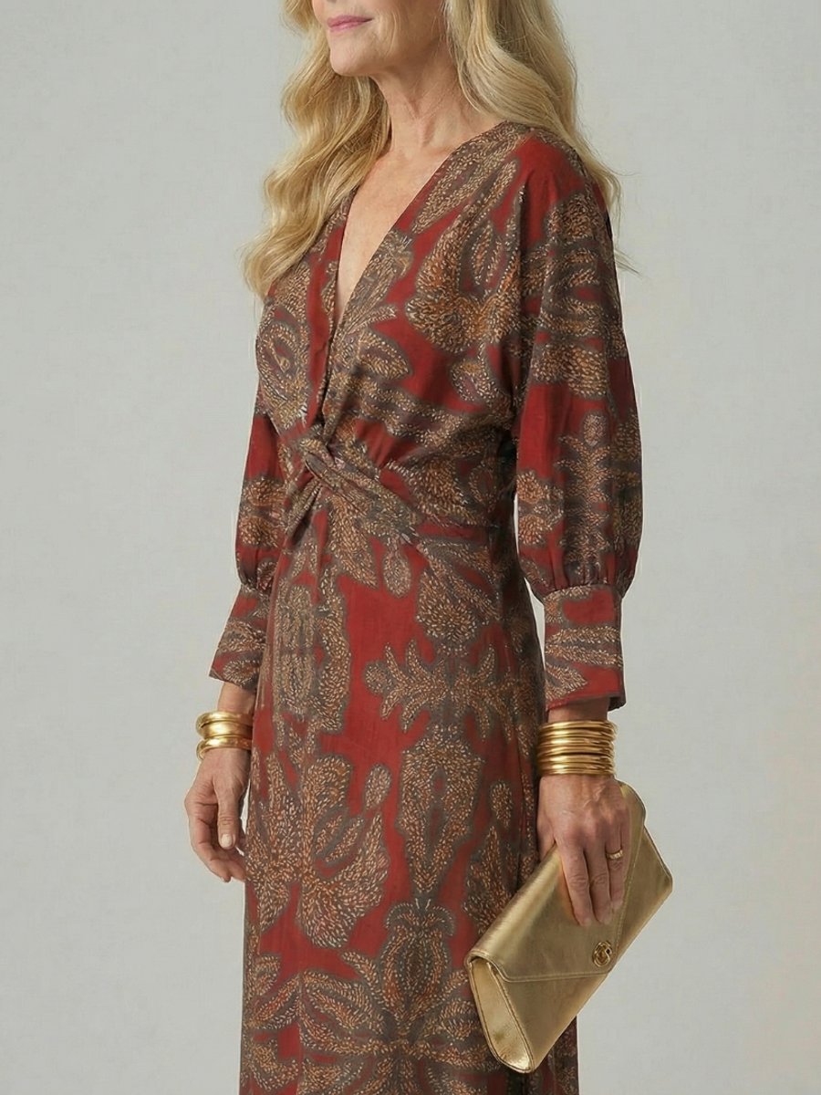 Women's Everyday Day Dress Long Sleeve Twist-Front Midi