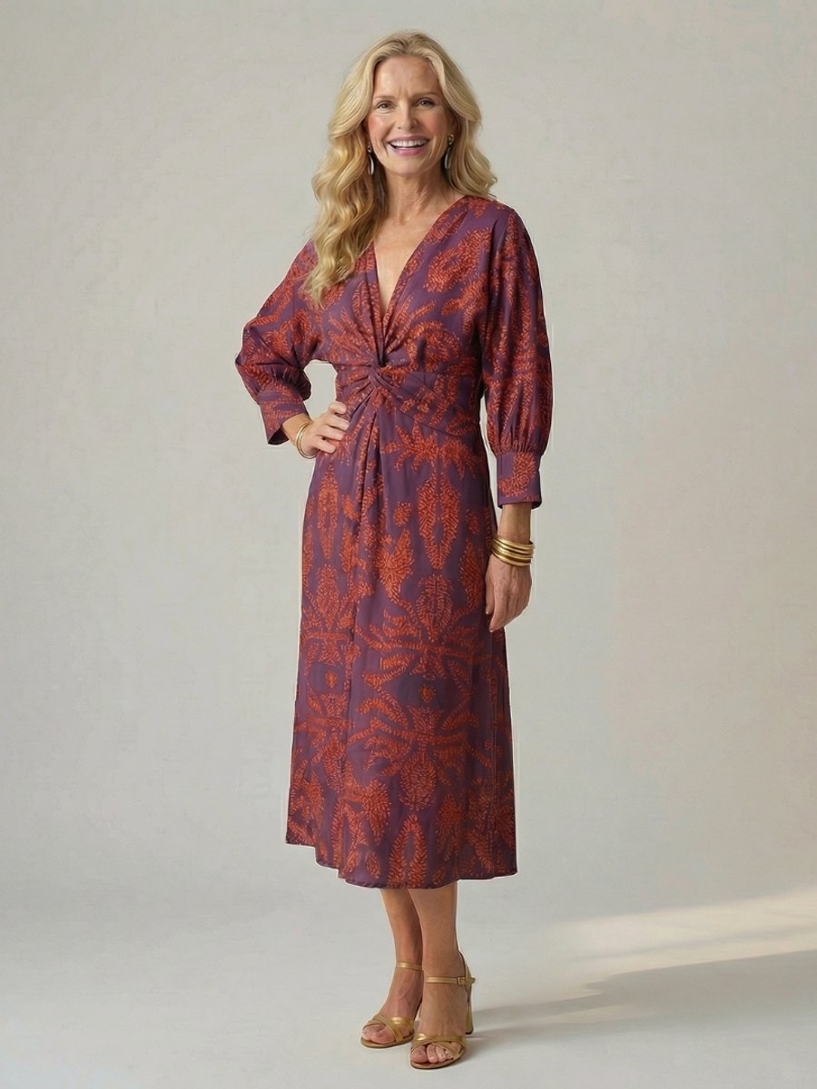 Women's Everyday Day Dress Long Sleeve Twist-Front Midi
