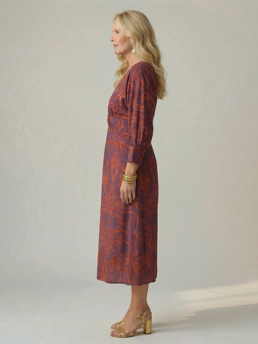 Women's Everyday Day Dress Long Sleeve Twist-Front Midi