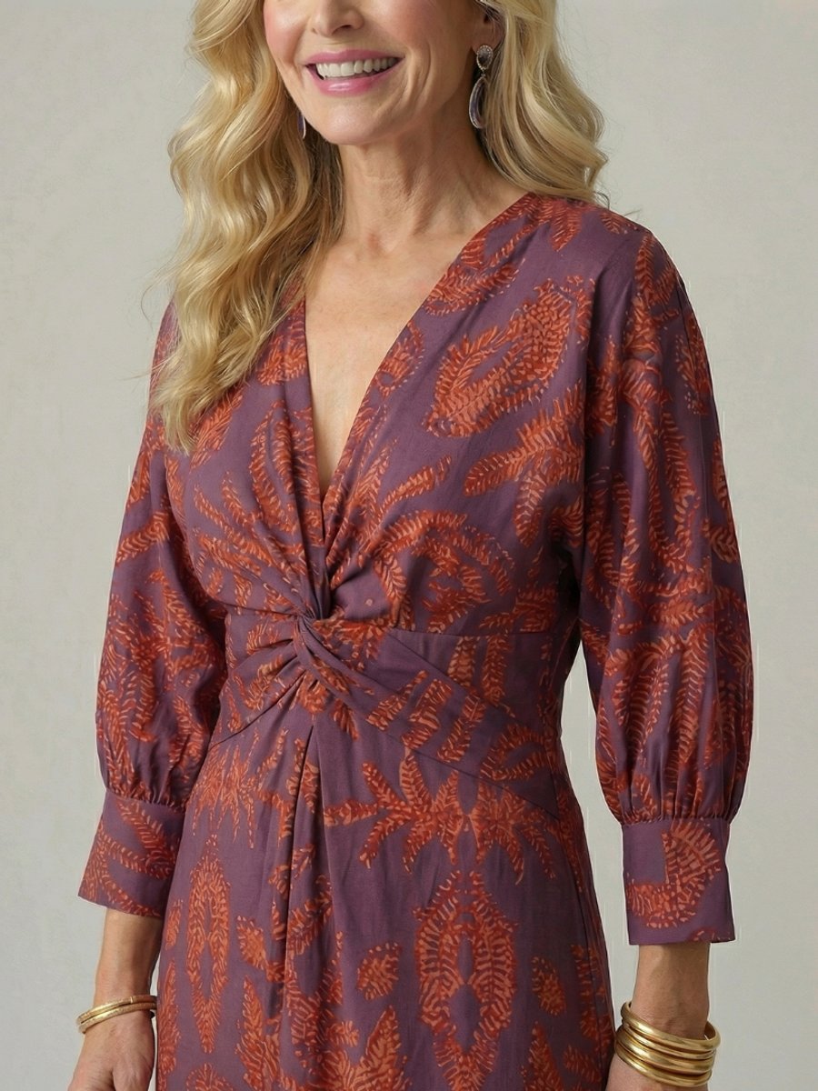 Women's Everyday Day Dress Long Sleeve Twist-Front Midi