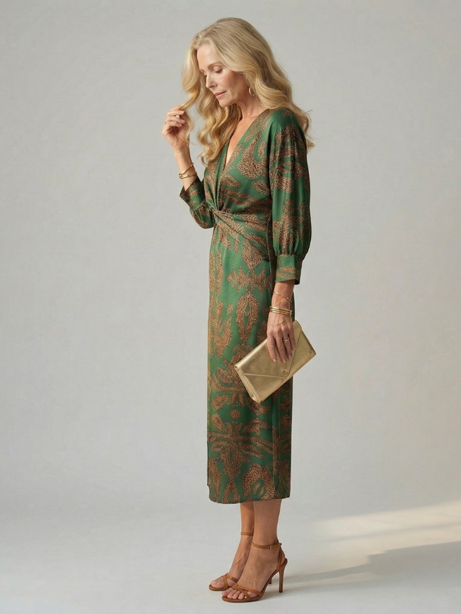 Women's Everyday Day Dress Long Sleeve Twist-Front Midi