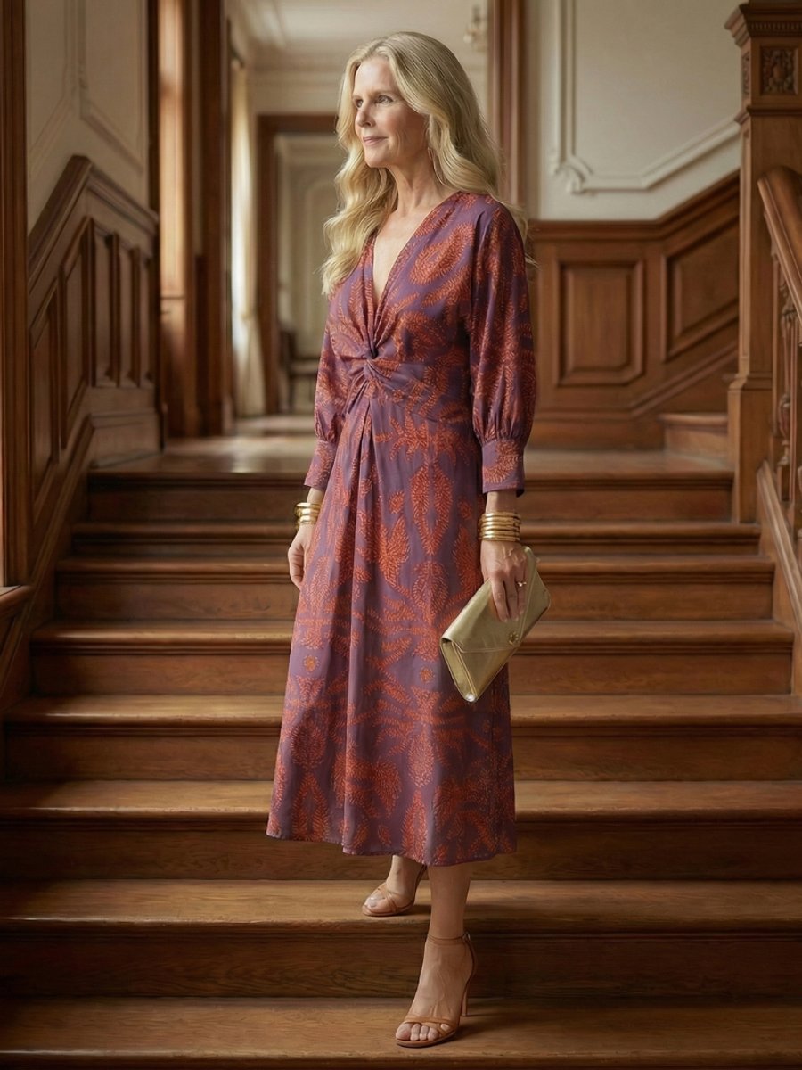 Women's Everyday Day Dress Long Sleeve Twist-Front Midi