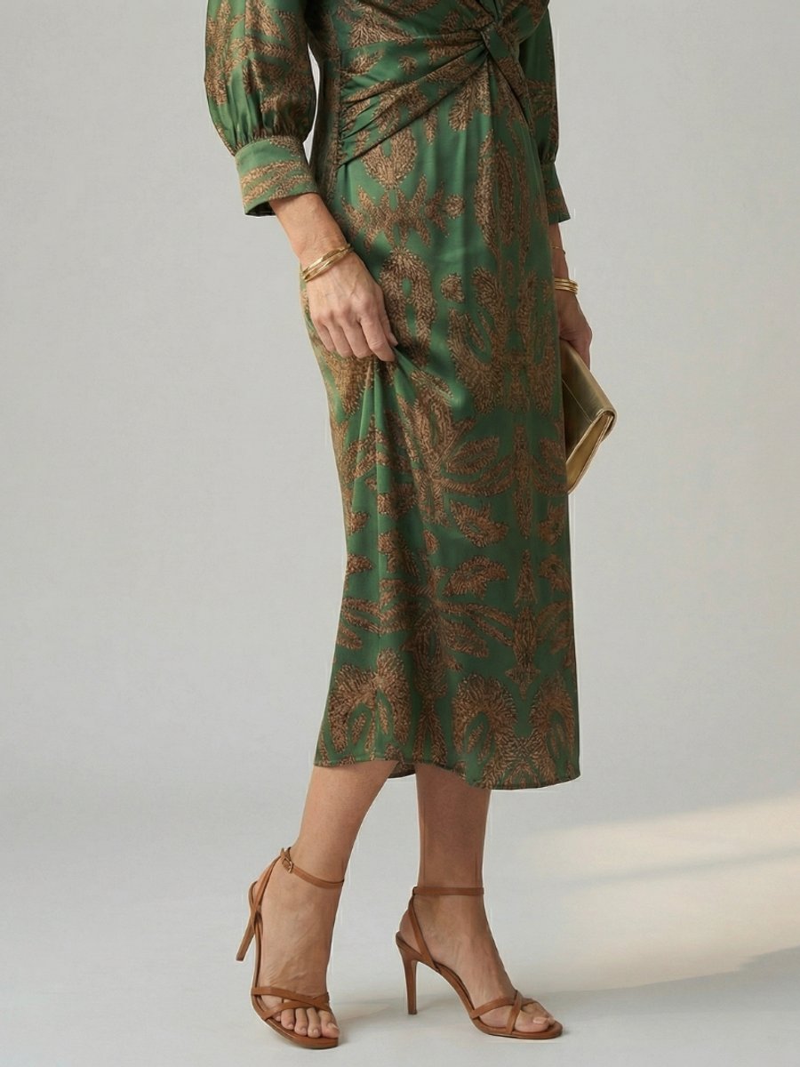 Women's Everyday Day Dress Long Sleeve Twist-Front Midi