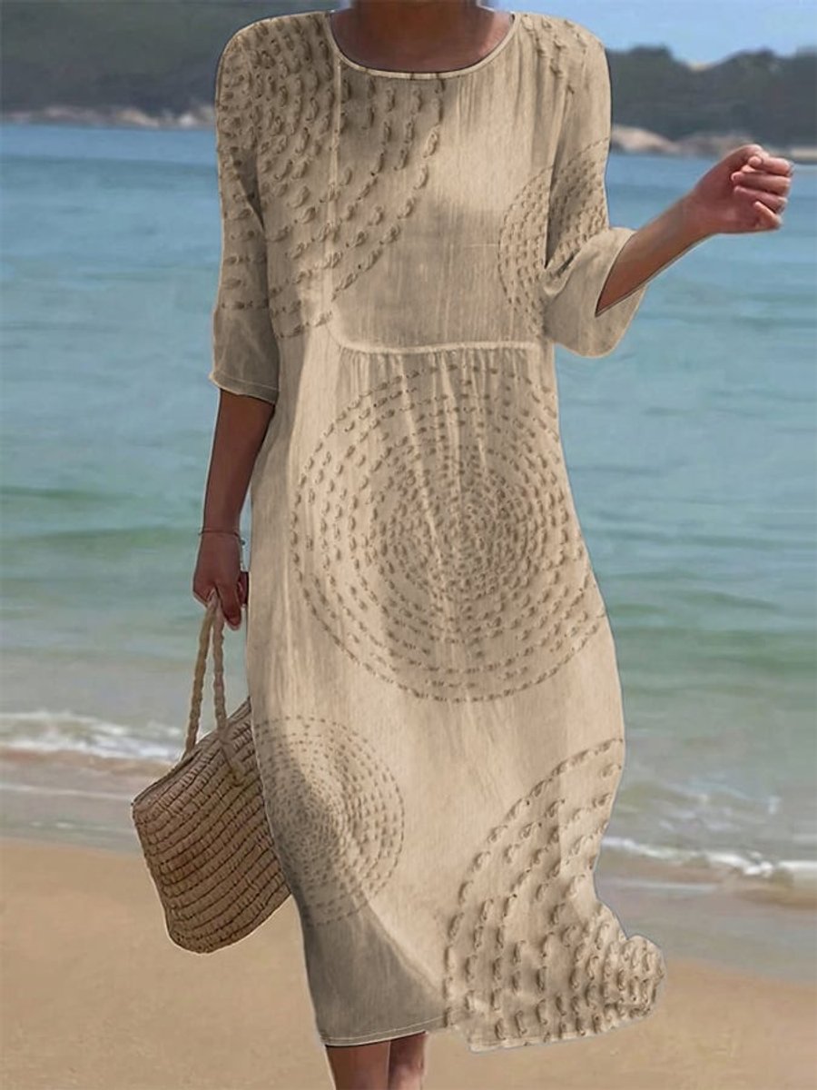 Women's Everyday Day Dress Loose Midi Crew-Neck Textured