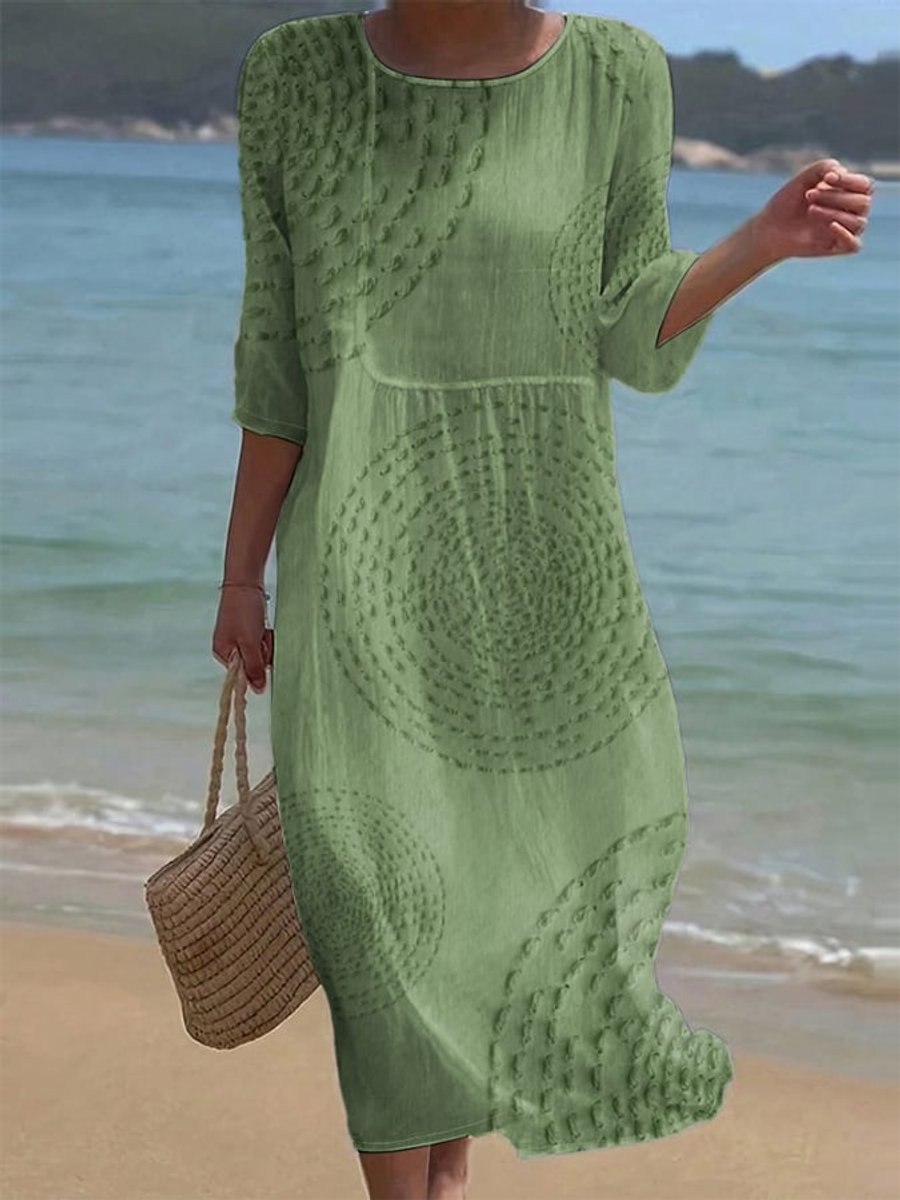 Women's Everyday Day Dress Loose Midi Crew-Neck Textured