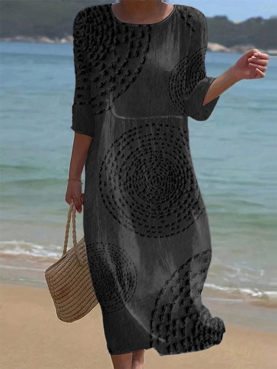 Women's Everyday Day Dress Loose Midi Crew-Neck Textured