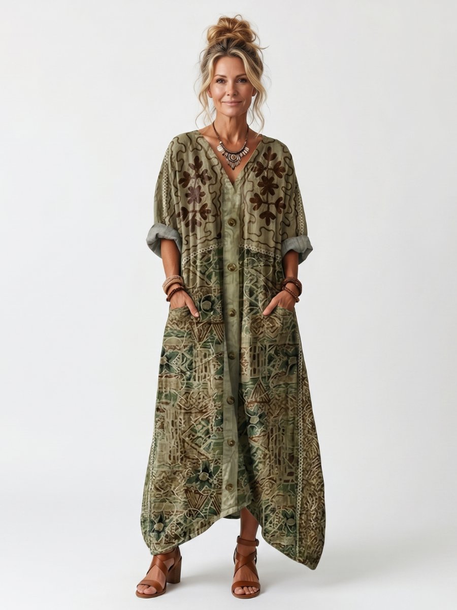 Women's Everyday Day Dress Oversized Button-Front Embroidered Pocket Midi