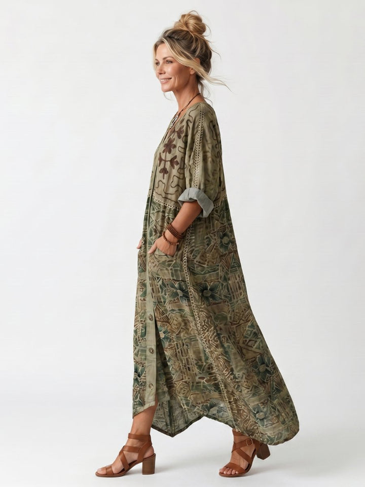 Women's Everyday Day Dress Oversized Button-Front Embroidered Pocket Midi