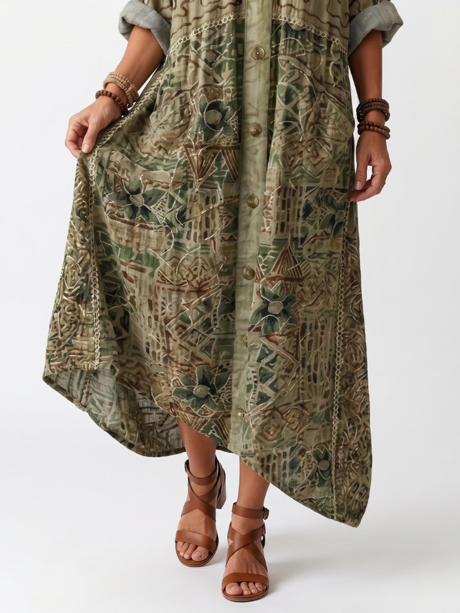 Women's Everyday Day Dress Oversized Button-Front Embroidered Pocket Midi